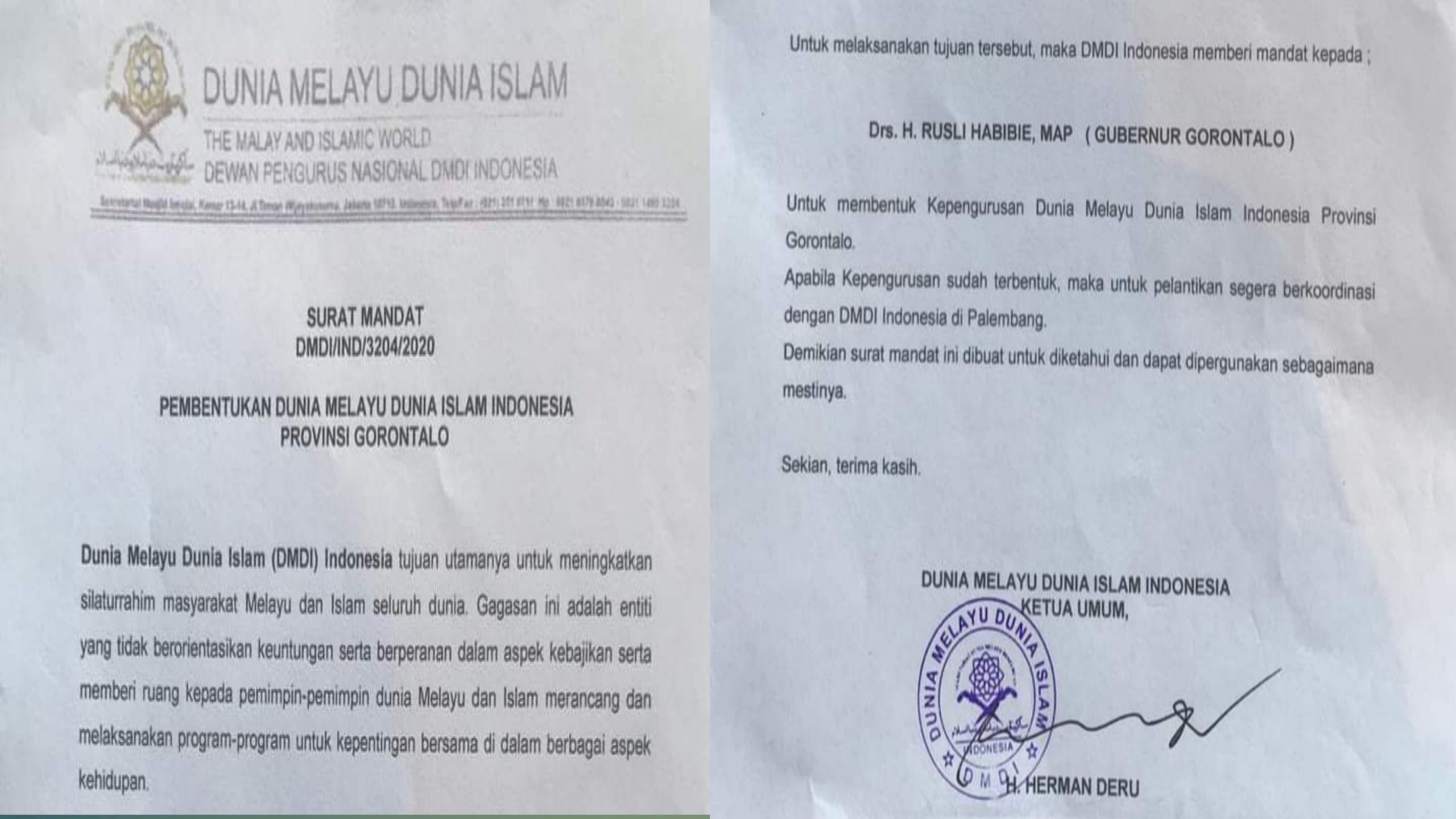 Gubernur Gorontalo Dapat Kehormatan dan Mandat DMDI Indonesia dari Gubernur Sumsel
