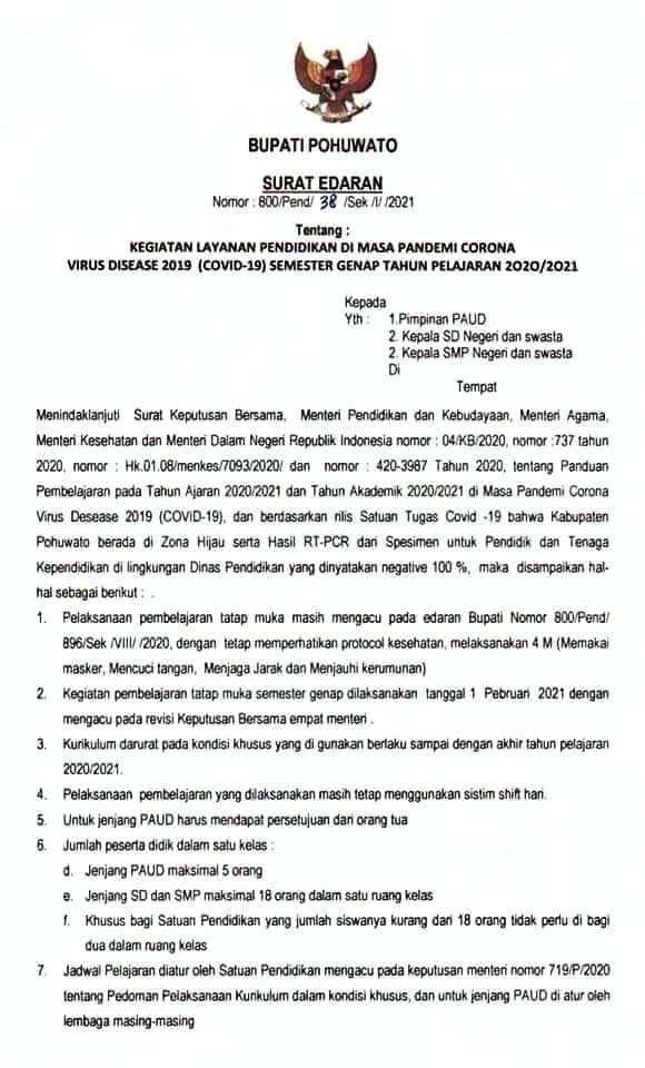 Kembali Zona Hijau Covid-19, Besok Sekolah di Pohuwato Dibuka