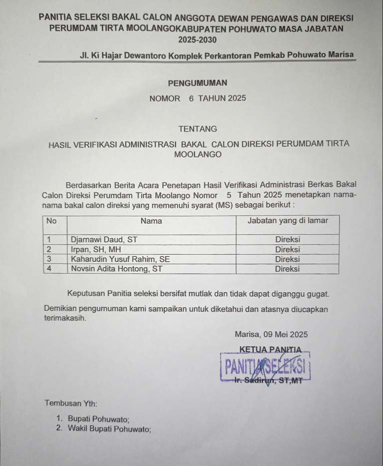 Pansel Umumkan Calon Direksi Perumdam Pohuwato Dinyatakan Lolos Seleksi Administrasi Pansel Umumkan Calon Direksi Perumdam Pohuwato Dinyatakan Lolos Seleksi Administrasi